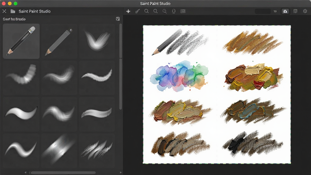չʾSaint Paint Studio�����л��ʿ�Ľ��棬����Ǹ��ֱ�ˢͼ�꣬�Ҳ໭�����в�ͬ�ʴ�Ч���ĶԱȣ�����Ǧ�ʡ�ˮ�ʡ��ͻ��ȣ�������ɫ��ͣ�ϸ�ڷḻ�������������޶���Ԫ��