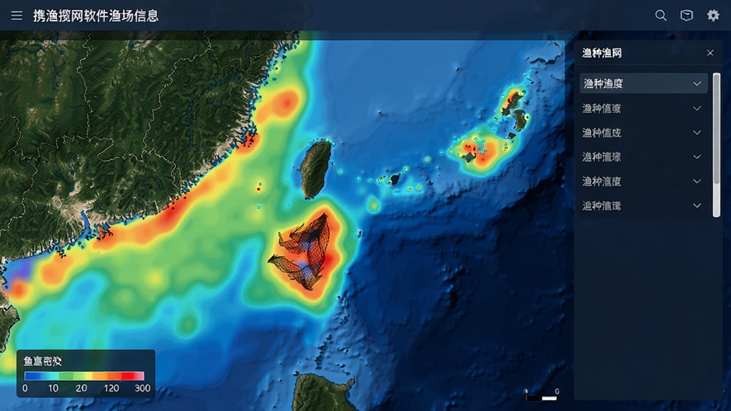 携渔揽网软件渔场信息页面,显示彩色热力图覆盖的海域地图,不同颜色代表鱼群密度,图例在左下角,右侧有渔种筛选列表,整体风格专业清晰,界面干净无多余元素,高画质