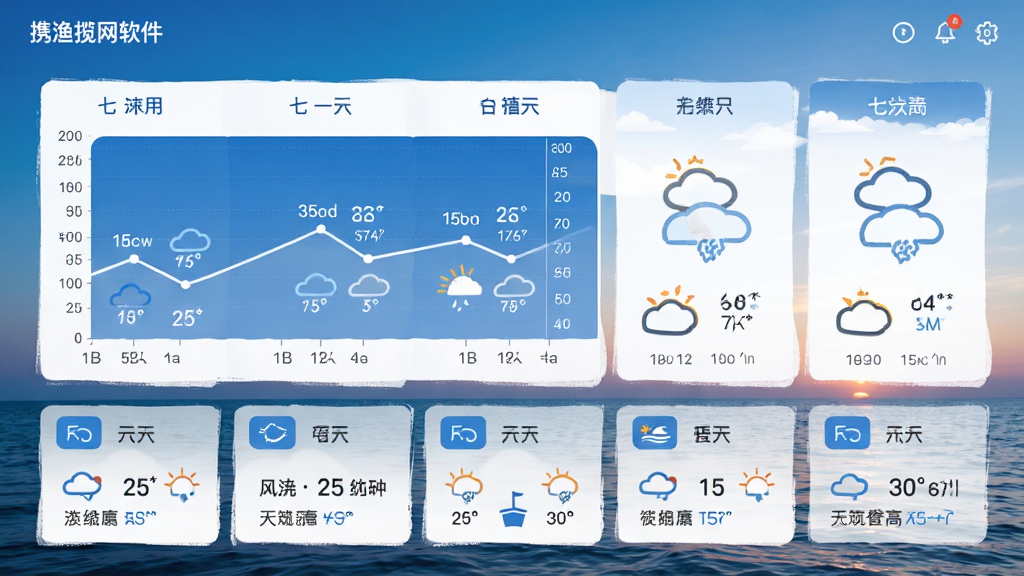 携渔揽网软件天气预报界面,显示未来七天的风力浪高图表,背景为海洋与天空渐变,数据卡片排列整齐,颜色以蓝白为主,风格简洁实用,界面干净无多余元素,高清晰度