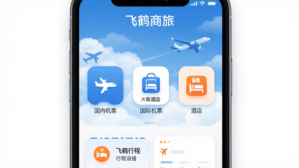 主体:飞鹤商旅APP界面展示,手机屏幕内显示机票、酒店、火车票预订图标,顶部有“飞鹤商旅”字样,背景为蓝天白云与飞机剪影。布局:居中构图,手机模型占画面主体,左右留白,下方配有简约的行程卡片。排版:界面元素排列整齐,图标圆润,色彩以蓝白为主,辅以橙色点缀。风格:现代商务风,扁平化设计,清晰明亮。细节:屏幕内可见“国内机票”、“国际机票”、“酒店”等字样,背景有微弱的云层纹理。画质:高清渲染,干净无多余元素。