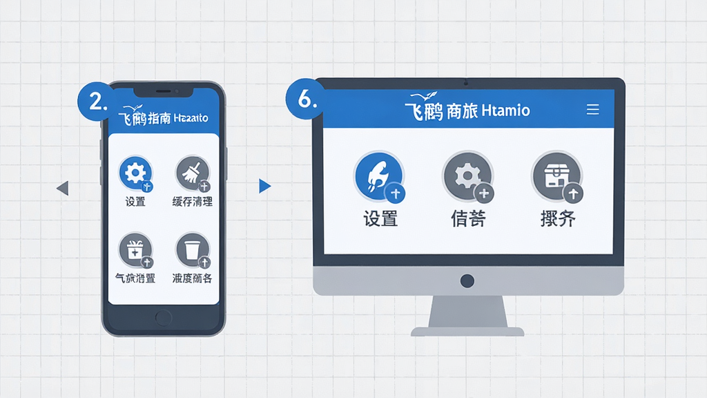 主体:飞鹤商旅使用指南示意图,手机与电脑并排展示,屏幕上有“设置”、“缓存清理”等图标。布局:左右对称,手机在左,电脑在右。排版:图标式步骤图,简洁明了。风格:扁平插画风,蓝灰配色。细节:每个步骤用数字标号,背景为浅灰色网格。画质:高清,干净,无多余元素。