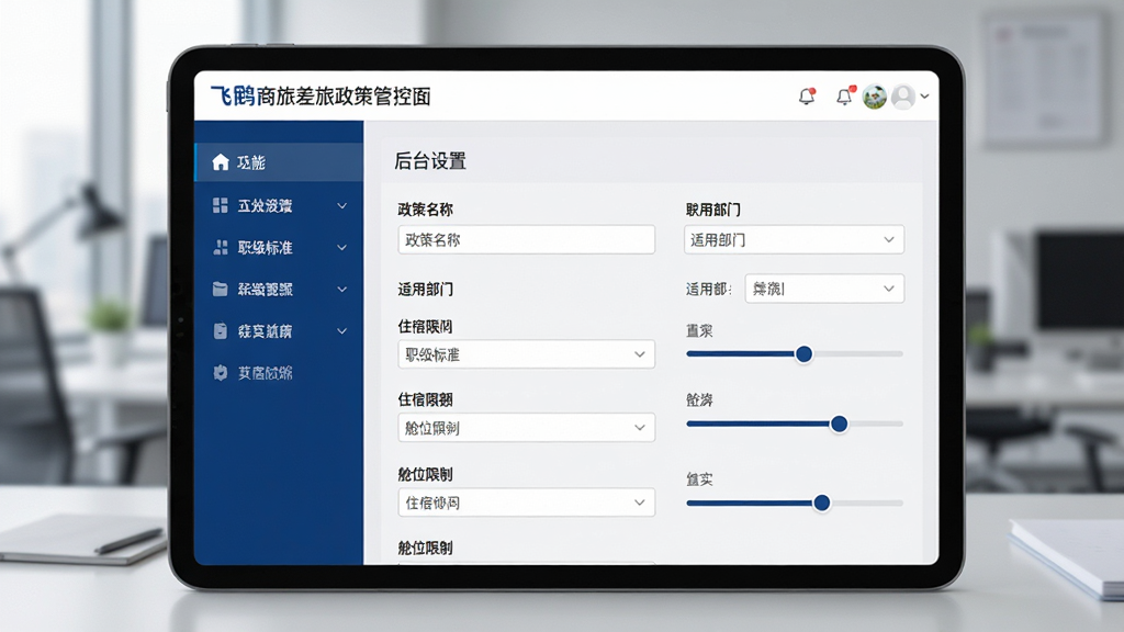 主体:飞鹤商旅差旅政策管控界面,平板电脑展示后台设置页面,包含“职级标准”、“住宿限额”等选项。布局:左侧为功能菜单,右侧为具体设置表单,整体采用左右分栏。排版:表单字段清晰,使用下拉框与滑块控件。风格:企业级SaaS风格,深蓝与浅灰配色。细节:屏幕上有“政策名称”、“适用部门”、“舱位限制”等文字,背景为办公室场景虚化。画质:高清,干净专业。