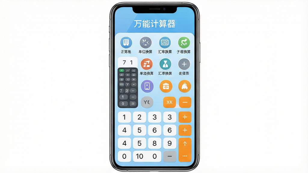 主体:一部智能手机屏幕显示万能计算器免费版的主界面,界面上清晰展示数字键盘和多种功能图标,背景为浅蓝色渐变,屏幕上方有“万能计算器”文字标识。布局:手机居中,屏幕内容朝向前方,四周留白,上下各留出空间。排版:手机屏幕内的界面元素排列整齐,数字键盘在下方,功能列表在上方,整体视觉平衡。风格:现代扁平化设计风格,色彩清新明快,UI界面精致。细节:手机边缘有金属质感,屏幕反光效果自然,界面图标包括科学计算、单位换算、汇率换算等,文字清晰可读。画质:8K超高清,渲染精细,干净无多余元素。