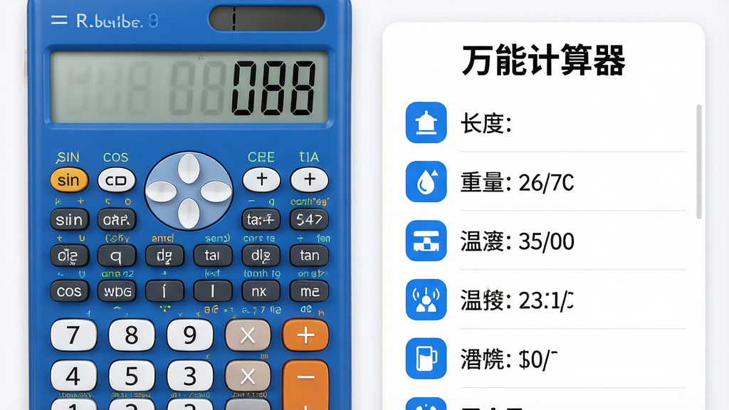 主体:万能计算器免费版的功能展示界面,左侧为科学计算器键盘,右侧为单位换算列表,背景为白色卡片式布局。布局:左右分栏设计,科学计算器键盘占据左侧一半,单位换算列表在右侧,顶部有“万能计算器”字样。排版:计算器键盘按键排列整齐,单位换算列表垂直排列,每个选项带图标,整体清晰明了。风格:简洁商务风格,蓝白配色,界面干净。细节:科学计算器显示sin、cos、tan等函数按键,单位换算列表包含长度、重量、温度等类别,文字为黑色,图标为蓝色。画质:高清渲染,细节丰富,干净无多余元素。