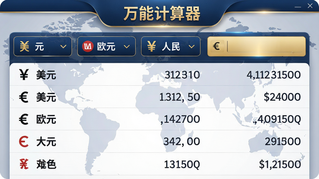 主体:万能计算器免费版的汇率换算界面,显示美元、欧元、人民币等多种货币的汇率列表,背景为世界地图水印。布局:上方为货币选择栏和金额输入框,下方为汇率列表,每行显示币种、汇率和换算结果。排版:列表行间距适中,货币名称和汇率数值对齐,顶部有“万能计算器”品牌标识。风格:国际化商务风格,深蓝和金色搭配,质感高级。细节:货币符号清晰,汇率数字精确到小数点后四位,背景地图淡雅不干扰内容,界面光效柔和。画质:4K高清,渲染细腻,干净无多余元素。