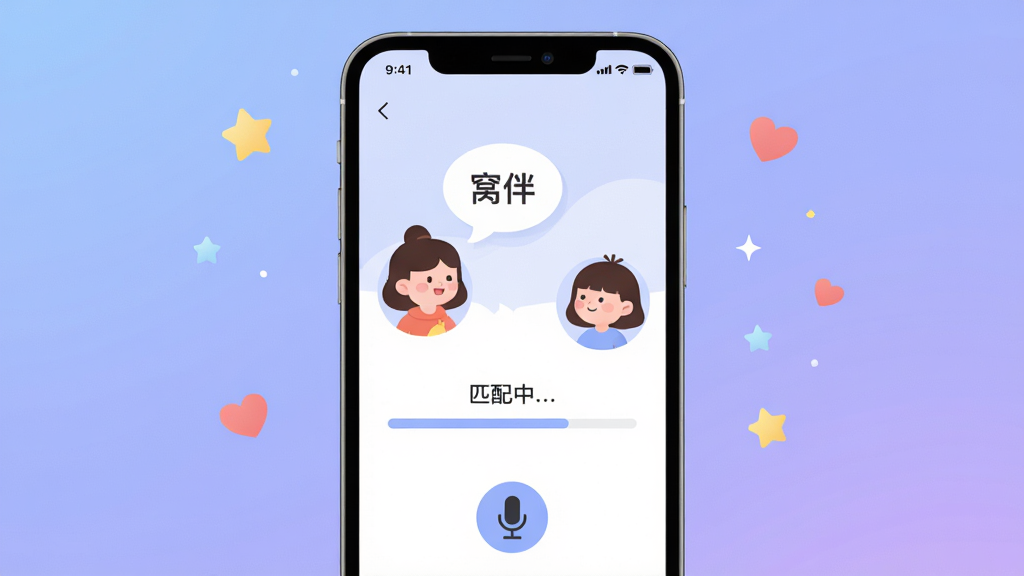 主体:手机界面展示窝伴APP主页面,屏幕中有两个卡通人物头像正在对话,气泡显示“窝伴”字样。布局:手机居中,背景为柔和渐变蓝紫色,四周有星星和爱心点缀。排版:简洁现代,UI图标清晰。风格:扁平化插画风,温馨治愈。细节:屏幕内显示“匹配中…”进度条,底部有麦克风图标。画质:高清,干净,无多余元素。
