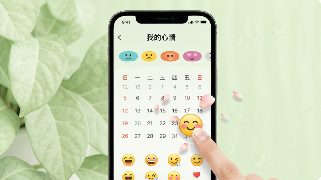 主体:手机屏幕展示“窝伴”心情日记界面,有日历和心情表情图标。布局:手机竖屏,背景为淡绿色植物。排版:界面顶部有“我的心情”标题,下方有不同颜色的心情标签。风格:简洁清新。细节:一个笑脸表情被手指点击,周围有小花瓣飘落。画质:高清,干净,无多余元素。
