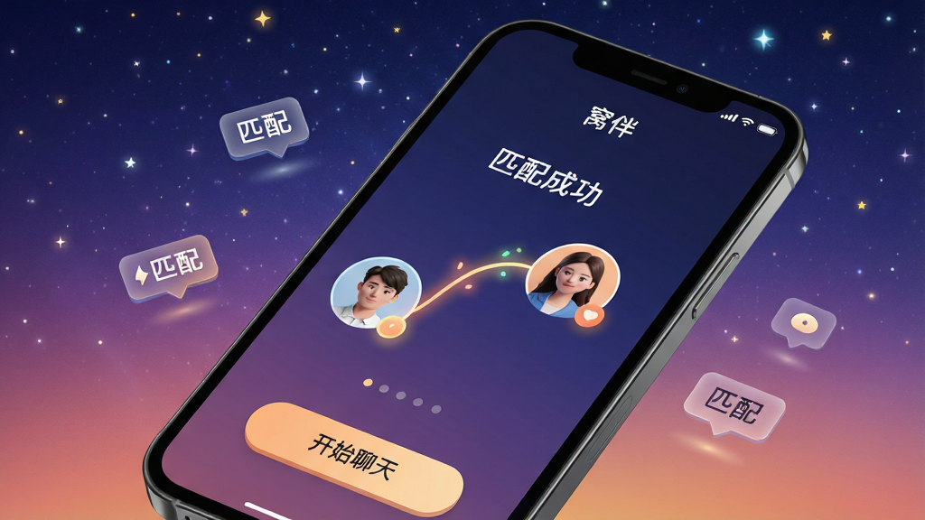 主体:手机屏幕展示“窝伴”匹配成功界面,两个用户头像连接一条发光曲线。布局:手机斜放,背景为星空渐变,周围有飘浮的匹配标签图标。排版:界面文字“匹配成功”居中,头像圆形。风格:科技感与温馨结合。细节:屏幕下方有“开始聊天”按钮,曲线闪烁。画质:高清,干净,无多余元素。