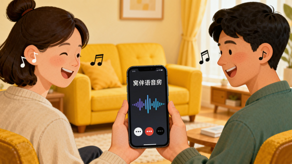 主体:一组人物使用手机进行语音聊天,耳朵旁有音符符号。布局:三个人物围坐,手机在中间,背景为暖黄色客厅。排版:画面温馨,人物表情开心。风格:写实插画风。细节:手机屏幕显示“窝伴语音房”,有波浪声波动态。画质:高清,干净,无多余元素。