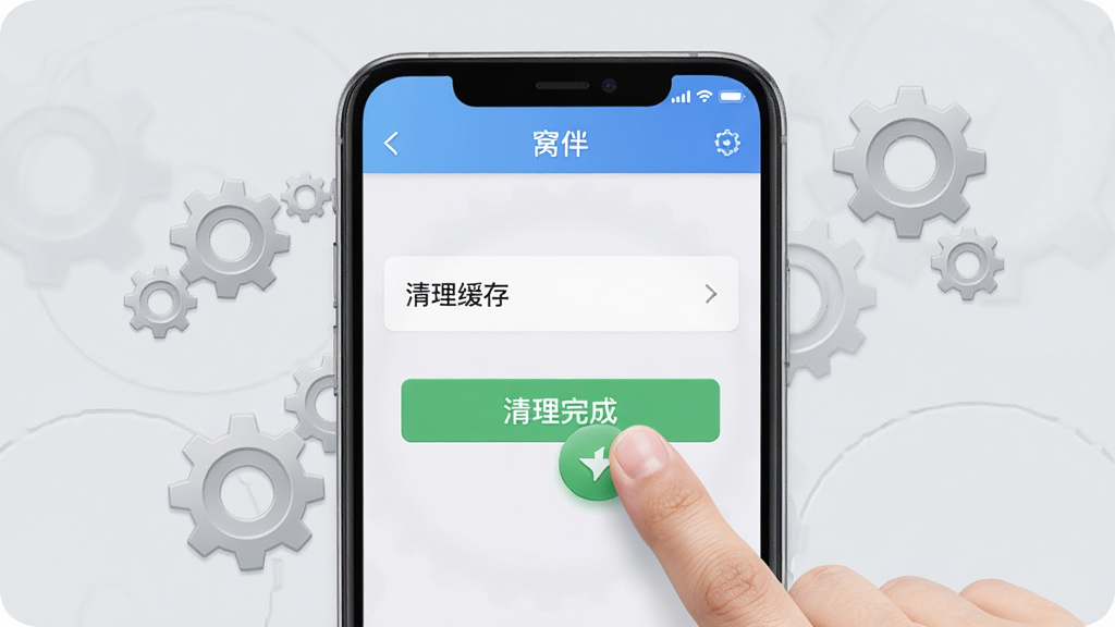 主体:手机屏幕显示“窝伴”设置界面,有“清理缓存”选项被手指点击。布局:手机居中,背景为浅灰色,周围有齿轮图标。排版:界面简洁,文字清晰。风格:拟物化风格。细节:点击后出现“清理完成”绿色提示。画质:高清,干净,无多余元素。