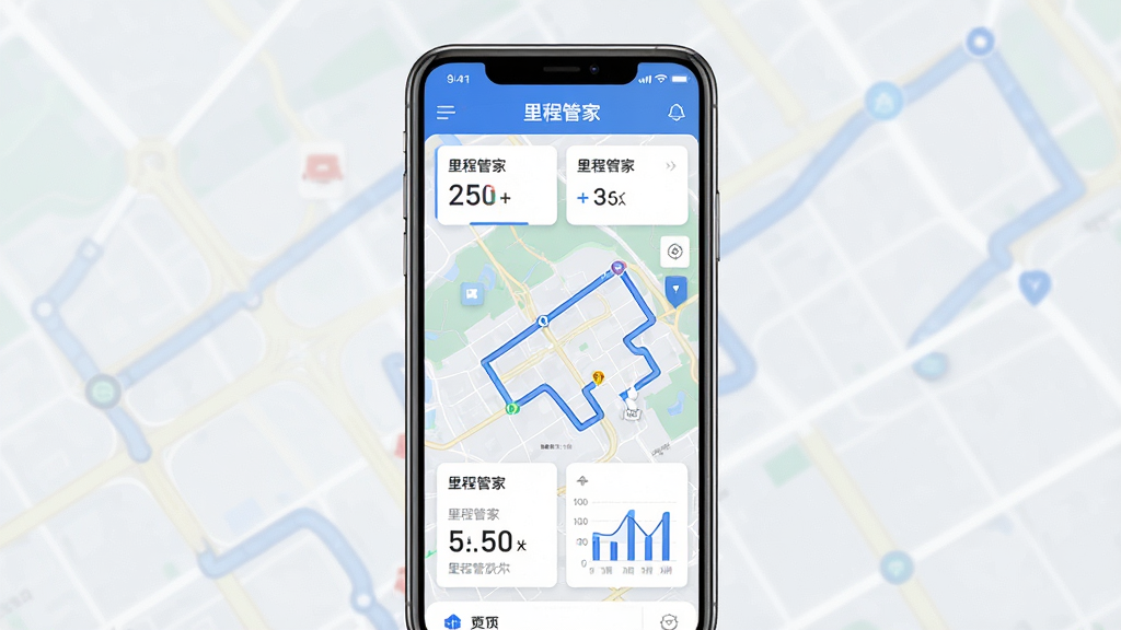 主体:智能手机屏幕展示里程管家应用界面,界面显示地图路线和里程数据。布局:手机居中,屏幕内展示数据卡片和图表。排版:现代简约,数据卡片排列整齐。风格:科技感、商务风。细节:屏幕上显示“里程管家”字样,地图有蓝色路线,数据卡片有数字。画质:高清,干净,无多余元素。