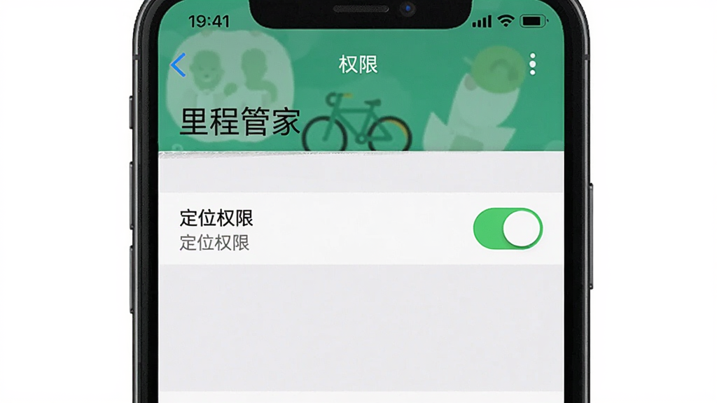 主体:手机设置界面,显示“里程管家”应用权限设置。布局:手机屏幕居中,显示定位权限开关。排版:简洁。风格:系统截图风格。细节:屏幕上有“定位权限”选项,开关为打开状态,显示“里程管家”名称。画质:清晰,干净。