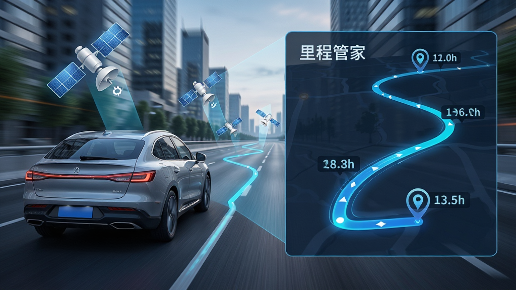 主体:一辆汽车在城市道路行驶,车窗外有GPS卫星图标和路线轨迹线。布局:汽车位于画面左侧,右侧展示放大的路线轨迹图。排版:动感,轨迹线清晰。风格:写实结合科技感。细节:画面中有“里程管家”文字标识,轨迹线上有里程数字标注。画质:高清晰,干净,无多余元素。