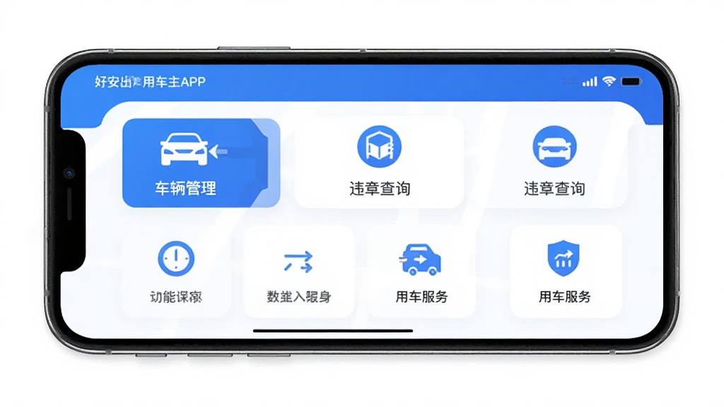 好安用车主APP主界面预览图,展示智能出行服务功能模块,整体风格简洁现代,以蓝色和白色为主色调,界面布局清晰,包含车辆管理、违章查询、用车服务等核心功能图标,采用扁平化设计,细节精致,画质高清,干净无多余元素