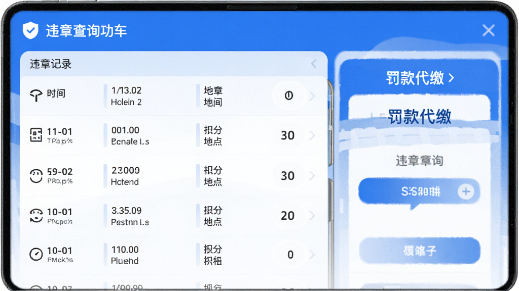 好安用车主违章查询功能预览图,展示违章记录列表和罚款代缴页面,界面以蓝色为主色调,包含违章时间、地点、扣分等详细字段,列表清晰易读,采用现代化设计风格,画质高清,干净无多余元素