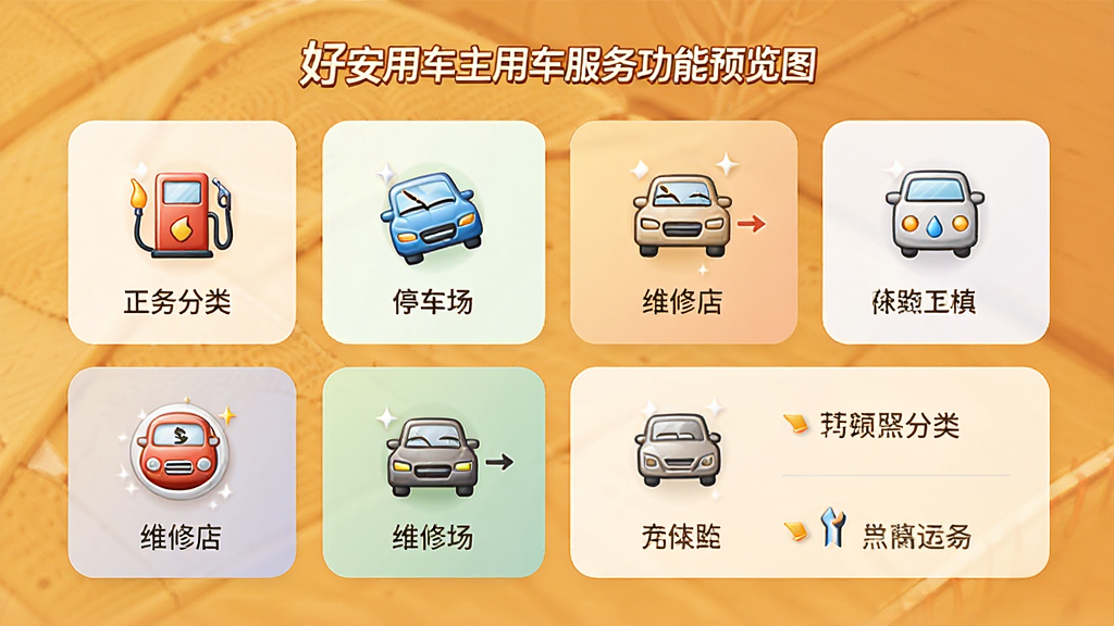 好安用车主用车服务功能预览图,展示服务分类和商家列表界面,包含加油站、停车场、维修店等图标,界面采用卡片式设计,色彩温暖明亮,图标精致,信息布局合理,画质高清,干净无多余元素