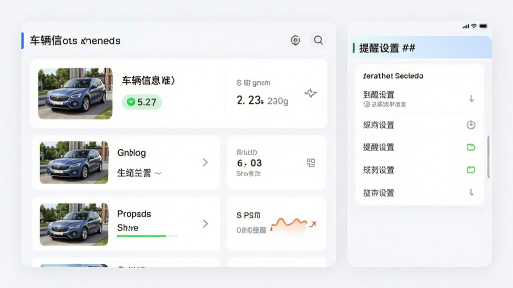 好安用车主车辆管理功能预览图,展示车辆信息列表和提醒设置界面,界面风格简洁明亮,包含车辆图片、状态标签、到期提醒等元素,采用卡片式布局,色彩搭配协调,画质高清,干净无多余元素