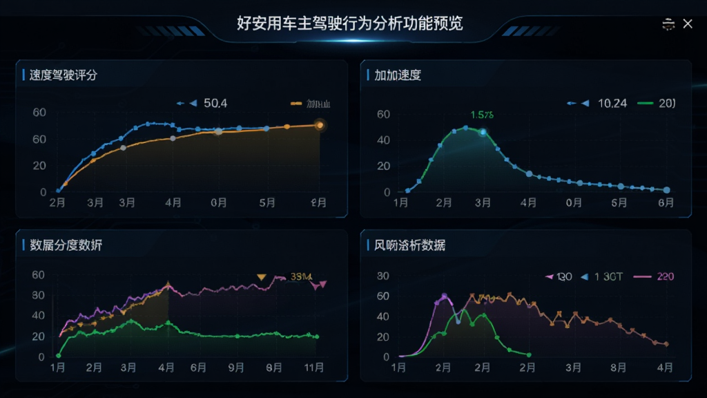 好安用车主驾驶行为分析功能预览图,展示驾驶评分和数据分析图表界面,包含速度曲线、加速度图表等元素,界面风格科技感强,以深色背景搭配彩色数据可视化,画质高清,干净无多余元素