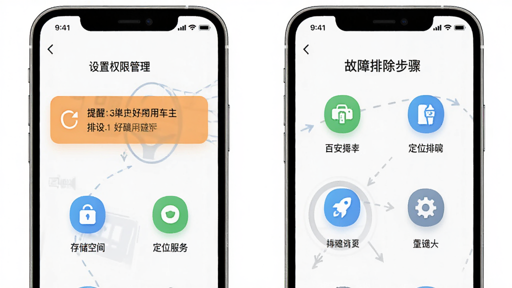 好安用车主使用指南与问题解决预览图,展示手机设置权限管理界面和故障排除步骤,画面包含提醒通知、存储空间、定位服务等图标,风格简洁清晰,画质高清,干净无多余元素