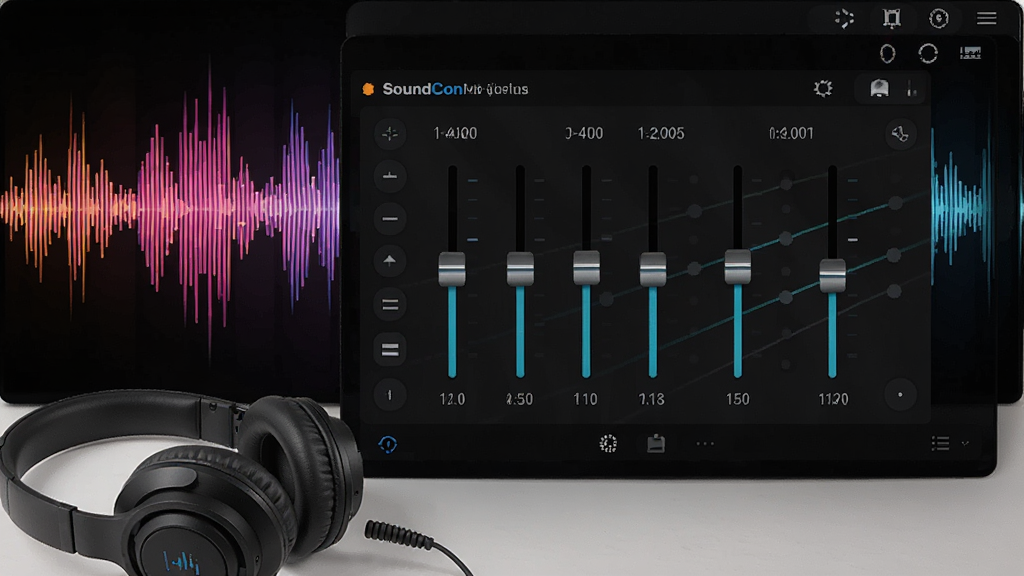 ����ΪSoundCon��Ч���ڽ��棬��Ļ���о��������飬����Ϊ���ֲ��Σ�����λ�����½ǣ�����ƽ�⣬��񶯸У�ϸ�����������ʸɾ����޶���Ԫ��