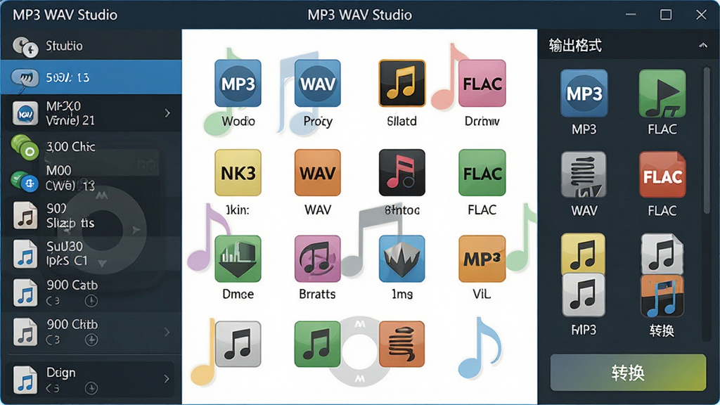 主体:MP3 WAV Studio的格式转换功能界面截图,显示多种音频格式图标排列;布局:左侧为源文件列表,右侧为输出格式选择面板;排版:横向对比布局,简洁明了;风格:扁平化设计风格,色彩明亮;细节:界面中显示“MP3 WAV Studio”和“转换”按钮,各种格式图标如MP3、WAV、FLAC等清晰标注;画质:高分辨率,干净,无多余元素。