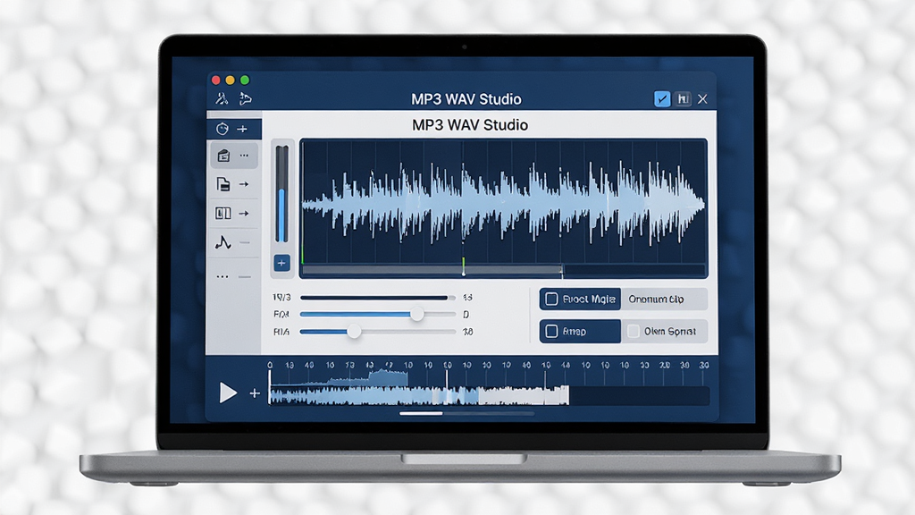 主体:一台现代简约风格的笔记本电脑屏幕中展示MP3 WAV Studio的主界面,界面包含波形编辑区、音量滑块、格式转换选项;布局:画面中央为软件窗口特写,左侧有工具栏,底部为时间轴;排版:左右结构,界面层次分明;风格:写实3D渲染风格,高清质感,科技感十足;细节:屏幕中显示“MP3 WAV Studio”字样,波形图清晰可见,色彩以深蓝和白色为主;画质:8K超清,干净,无多余元素。