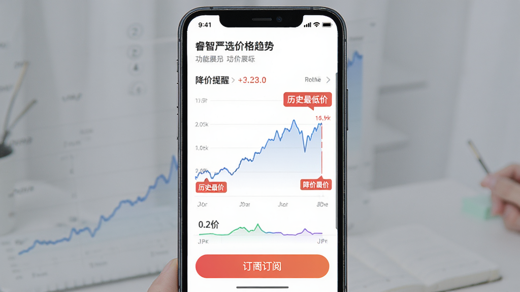 睿智严选价格趋势图功能展示,主体为手机界面显示价格曲线和降价提醒,布局以折线图为主,底部有订阅按钮,排版简洁,风格数据可视化,细节标注历史最低价,画质清晰干净无多余元素