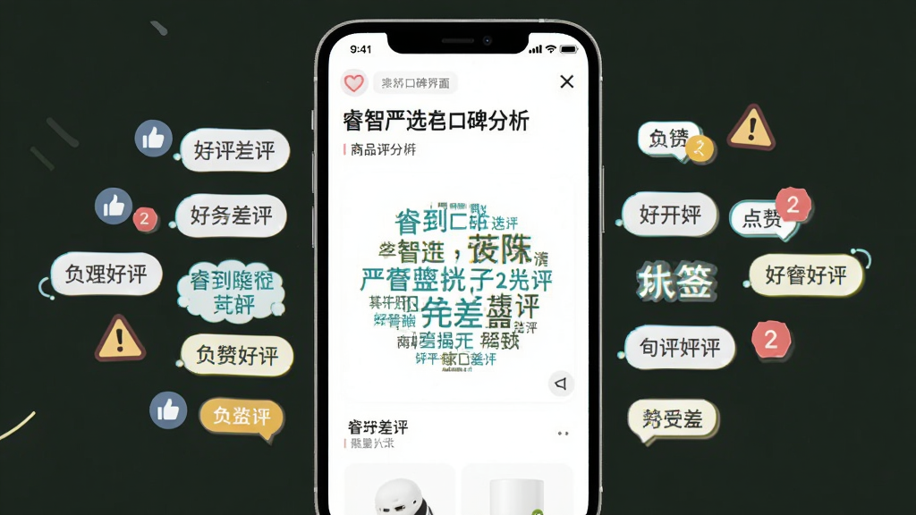 睿智严选口碑分析界面,主体为手机屏幕展示商品评价标签云,布局中央为商品图,四周环绕好评差评关键词,排版活泼,风格清新,细节包含点赞图标和负面警告标志,画质高清干净无多余元素