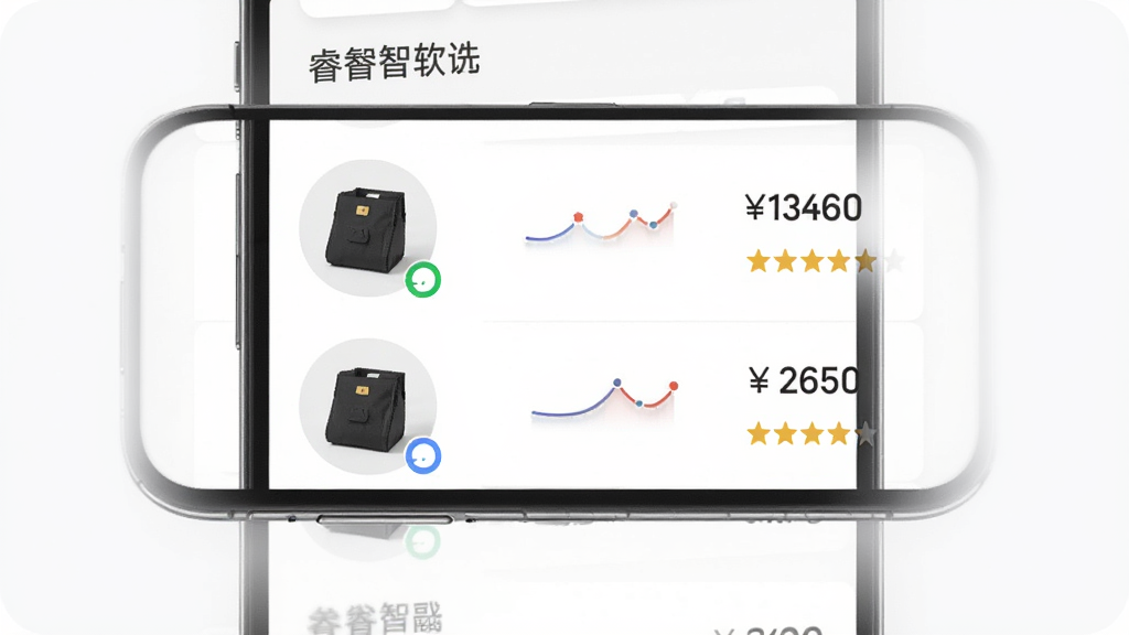 睿智严选软件主界面预览图,主体为手机屏幕展示购物对比列表,布局清晰,左侧商品图片右侧价格与评分,排版整洁,风格现代简约,细节包括价格曲线小图标和用户评价星级,画质高清干净无多余元素
