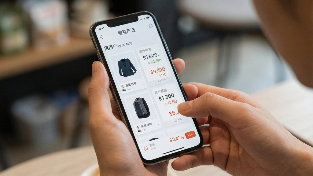 睿智严选用户使用手机操作界面,主体为手持手机对比商品价格,布局人物手部与屏幕特写,排版自然,风格生活化,细节屏幕显示价格对比,画质清晰干净无多余元素