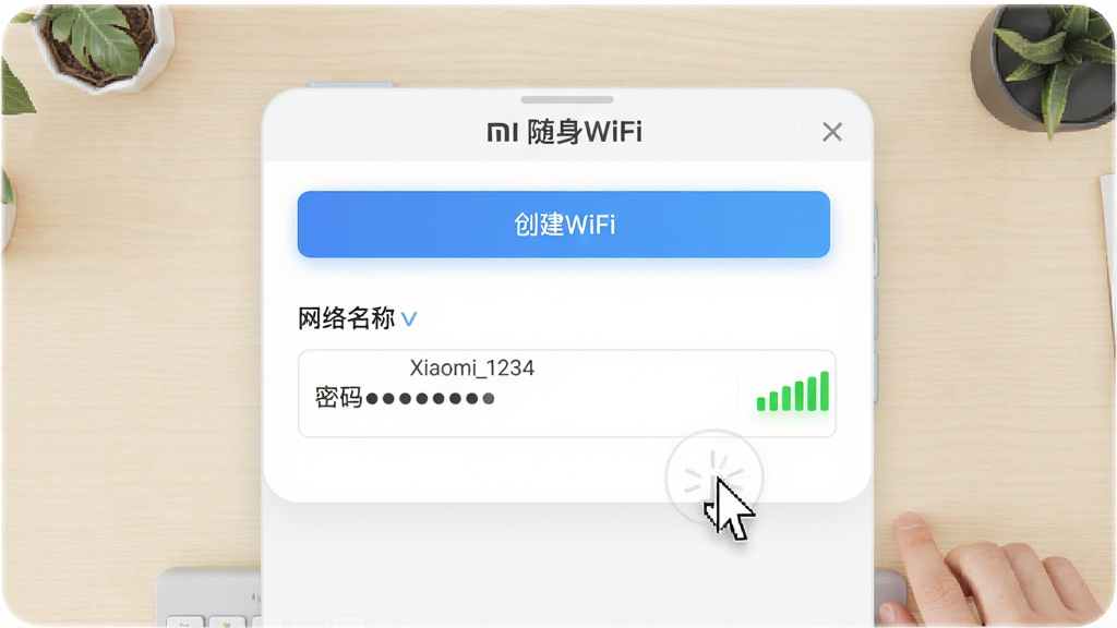 主体:小米随身WiFi软件主界面截图风格展示,界面显示“创建WiFi”按钮和网络名称密码输入框。布局:界面居中,背景为浅色桌面,鼠标指针点击按钮。排版:界面UI元素清晰,按钮高亮。风格:扁平化设计,色彩清新。细节:WiFi名称显示“Xiaomi_1234”,密码为隐藏状态,信号图标满格。画质:高清UI渲染,干净,无多余元素。