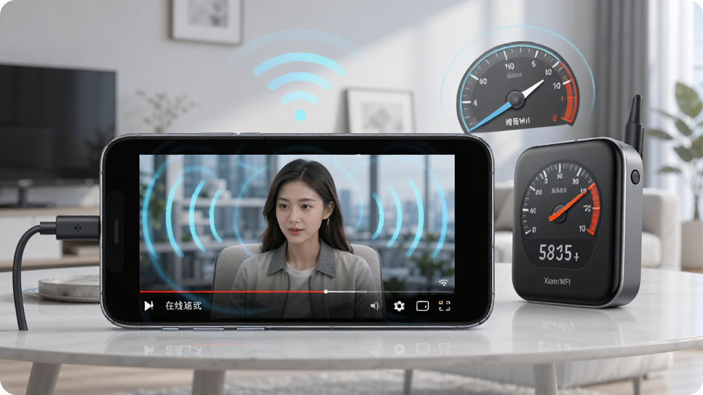 主体:一部手机连接着小米随身WiFi,屏幕上显示在线视频播放画面,旁边有网络速度仪表盘图标。布局:手机居中,WiFi设备在侧后方,背景为现代客厅。排版:画面层次分明,速度仪表盘显示高速。风格:科技感插画风格。细节:视频画面清晰,网络信号波纹扩散,速度指针指向高速区。画质:高清渲染,干净,无多余元素。