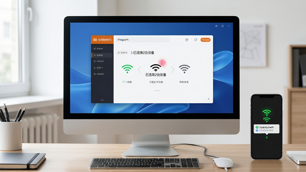 主体:电脑屏幕显示小米随身WiFi软件界面,旁边有手机连接成功提示,背景为整洁办公桌。布局:电脑居中,手机在右侧,界面清晰。排版:软件界面放大展示,网络状态图标闪烁。风格:写实摄影风格,自然光。细节:屏幕中显示“已连接2台设备”,手机WiFi图标亮起。画质:高清,干净,无多余元素。