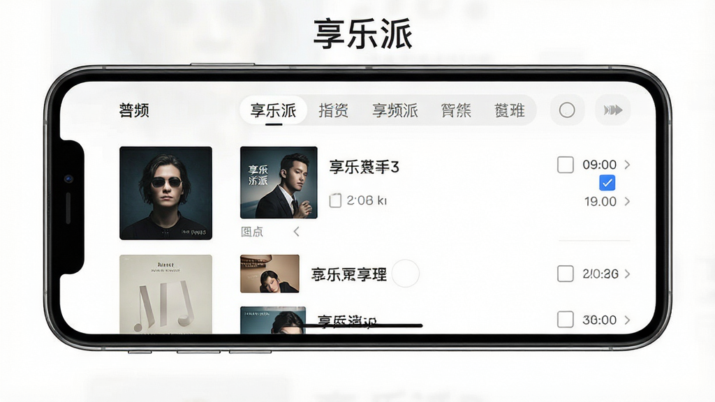 一张展示享乐派音频管理功能的界面图片,主体为手机屏幕上按专辑分类的音乐列表,布局为左侧专辑封面、右侧歌曲名称和时长,风格简约干净,细节包含多首歌曲的复选框和顶部分类标签,画质清晰,无多余元素,图片文字标注“享乐派”