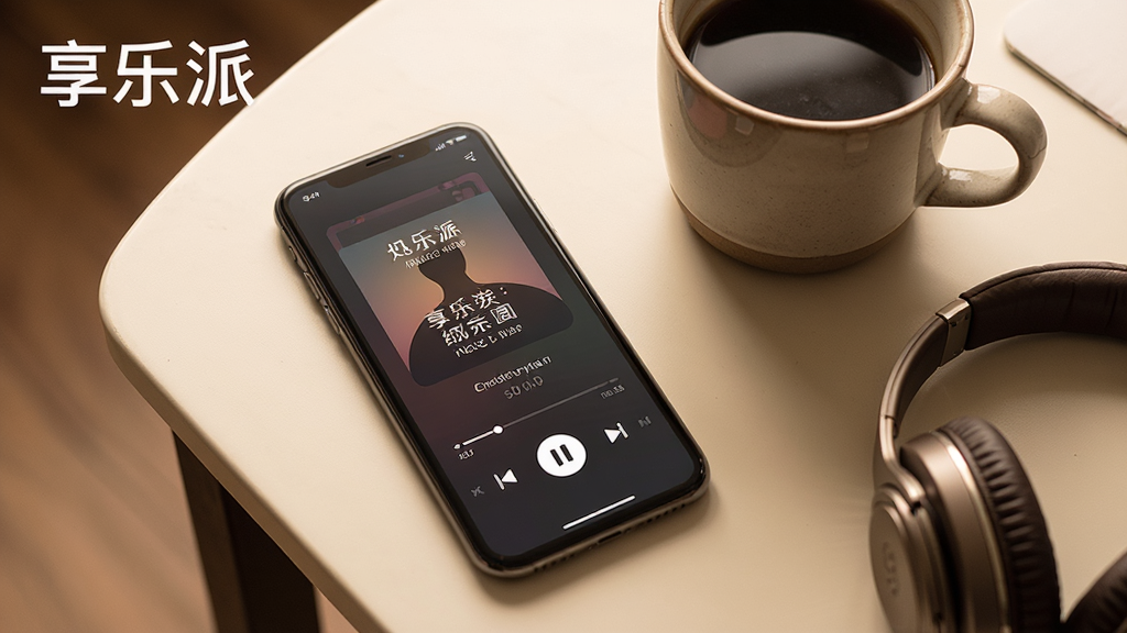 一张展示享乐派使用场景的图片,主体为一部手机放在桌上播放音乐,旁边有咖啡杯和耳机,布局为俯拍视角,风格温暖生活化,细节包含手机屏幕上的播放界面和歌词,画质清晰,干净无多余元素,图片文字标注“享乐派”