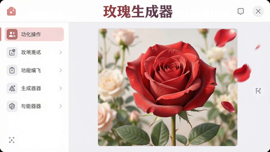 主体:玫瑰生成器软件界面预览,展示一朵由软件生成的逼真红玫瑰与背景中的浅色花丛。布局:左侧为功能操作栏,右侧为画布预览区,软件名称“玫瑰生成器”以艺术字显示在顶部。排版:上下结构,界面整洁,图标清晰。风格:现代扁平化UI设计,色彩柔和。细节:画面中玫瑰花瓣纹理细腻,光线效果自然,画布上有花瓣飘落的动态效果。画质:8K超高清,干净,无多余元素。