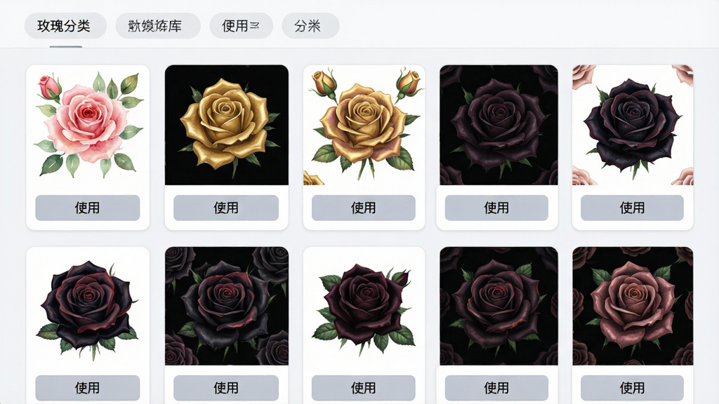 主体:玫瑰生成器软件中的素材模板库界面,展示多张玫瑰模板缩略图。布局:网格状排列的模板卡片,每张卡片展示不同风格的玫瑰图案。排版:顶部有分类标签栏。风格:清新简洁的UI设计。细节:缩略图包含水彩玫瑰、金色玫瑰、暗黑玫瑰等样式,卡片下方有“使用”按钮。画质:高清,干净,无多余元素。