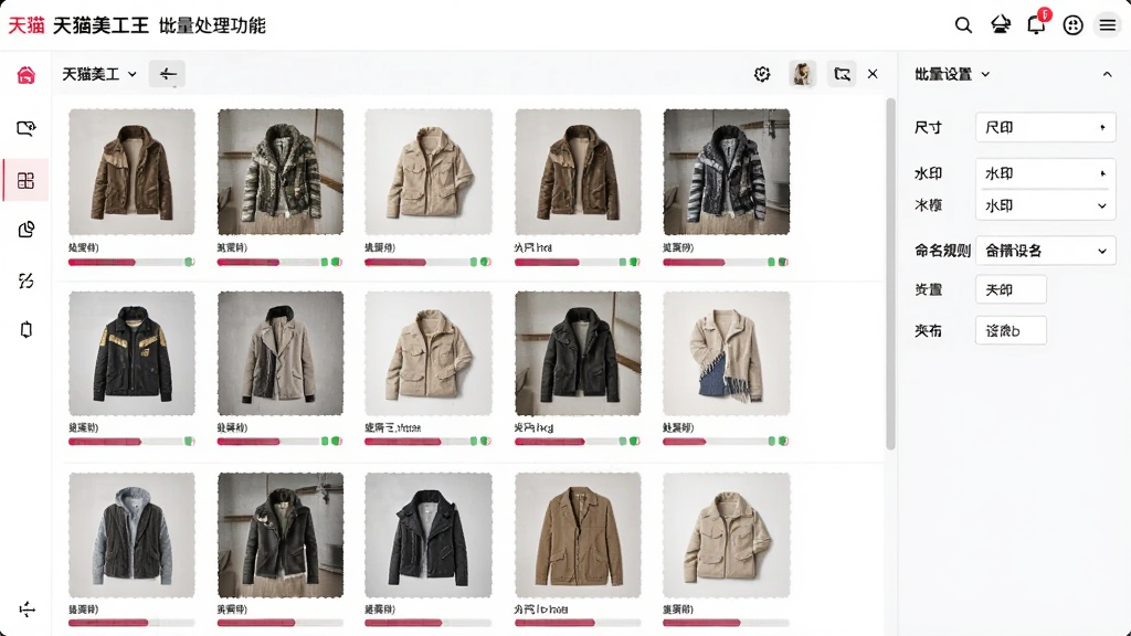 天猫美工王批量处理功能界面,显示多张商品图片整齐排列在列表中,每张图片下方有处理进度条,右侧有批量设置选项,如尺寸、水印、命名规则,界面信息清晰,展示高效工作场景,画质干净