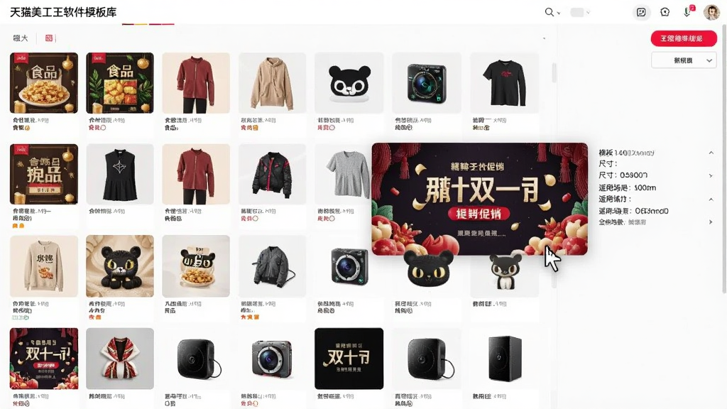 天猫美工王软件模板库界面截图,展示上百个缩略图模板,包括食品、服装、数码等分类,鼠标悬停在一个精美的双十一促销海报模板上,右侧显示模板尺寸和适用场景,界面清爽,图片排列整齐,画质细腻