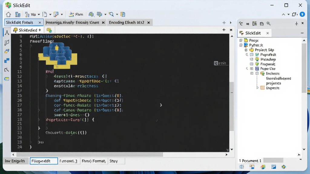 ���壺SlickEdit ������ Windows 11 ϵͳ�ϵ����н�ͼ�����֣�������󻯣���ʾһ�� Python ��Ŀ���Ҳ����ĵ���ͼ���Ű棺����������״̬����ʾ��β���ͱ����ʽ������ִ� Windows 11 ���Բ�Ǵ��ڡ�ϸ�ڣ���ǩҳ��ʾ����򿪵��ļ��������ʣ��������ɾ����޶���Ԫ�ء�