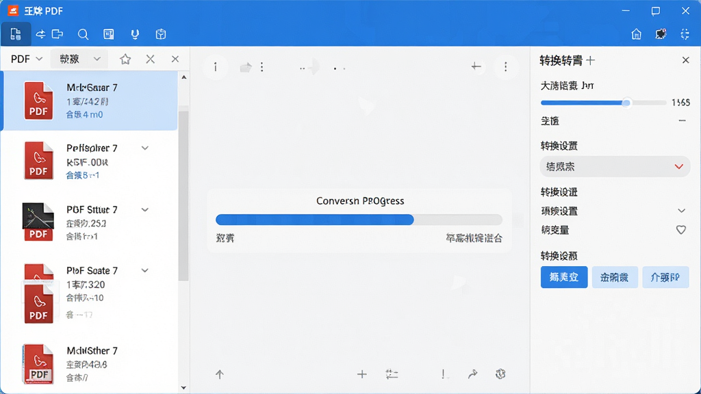 一张王牌PDF转Word软件主界面的高清预览图,界面简洁明亮,左侧为PDF文件列表,右侧为转换设置面板,中央显示转换进度条,整体风格现代科技感,蓝色主题色调,排版清晰,细节丰富,画质高清干净无多余元素