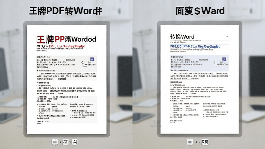 王牌PDF转Word软件转换对比示意图,左侧为原始PDF文件页面,右侧为转换后的Word文档页面,两者排版一致,突出高精度还原效果,图片风格清晰明亮,细节丰富,画质高清干净