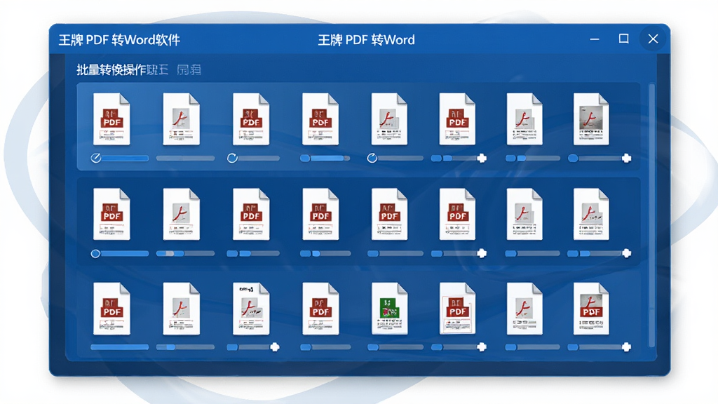 王牌PDF转Word软件批量转换操作界面,显示多个PDF文件正在排队转换,每个文件带有进度条,界面清晰直观,蓝色主题,现代风格,细节丰富,画质干净
