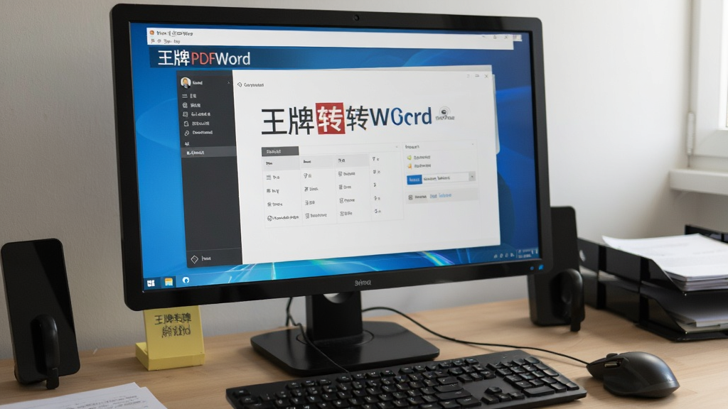 王牌PDF转Word软件在电脑上运行的实拍图,屏幕上显示软件界面,周围环境为办公桌,有键盘和鼠标,画面真实自然,细节丰富,画质清晰