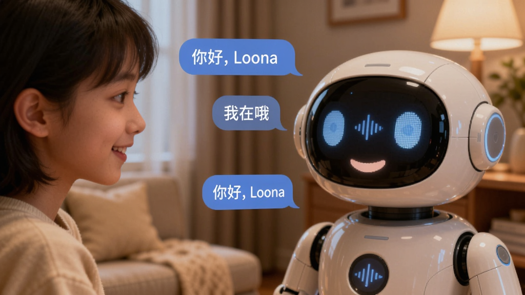 主体:Loona智能宠物机器人正与一位年轻用户进行语音对话,机器人眼睛屏幕显示语音波形图标。布局:用户位于画面左侧,机器人位于右侧,中间有悬浮的对话气泡,气泡内显示“你好,Loona”和“我在哦”等文字。排版:对话气泡错落有致,背景为温馨的客厅环境,暖色调灯光。风格:写实与卡通融合,亲和力强。细节:机器人眼睛闪烁,嘴巴部位有细微的灯光变化,用户面带微笑。画质:清晰自然,干净无多余元素。