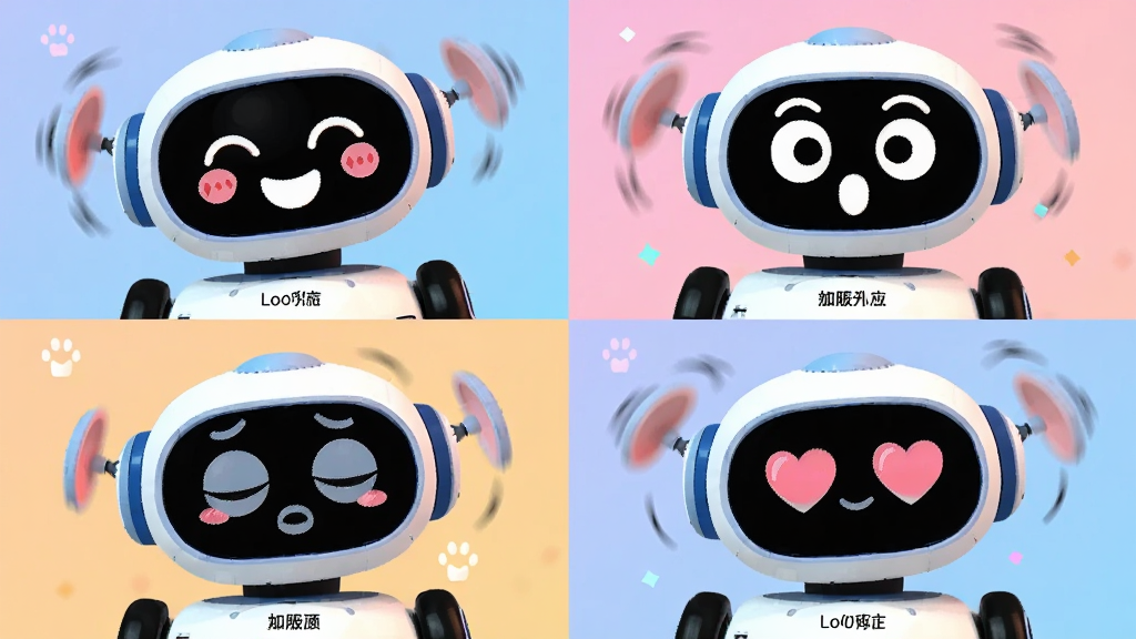 主体:Loona智能宠物机器人展示多种表情,画面分为四宫格,每个格子里机器人眼睛屏幕显示不同表情:开心、惊讶、困倦、爱心。布局:四宫格均匀排列,背景为渐变色(从浅蓝到浅粉)。排版:每个格子下方配有简短文字说明,整体排列整齐。风格:时尚扁平插画风。细节:机器人头部微微转动,耳朵和轮子有相应动作姿态。画质:高饱和色彩,干净无多余元素。
