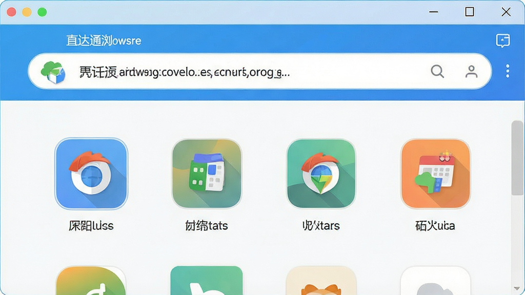 一张展示直达通浏览器主界面的高清截图,界面简洁明亮,顶部地址栏突出显示,中间是常用网站快捷导航图标,整体风格现代,色彩清新,画质干净,无多余元素