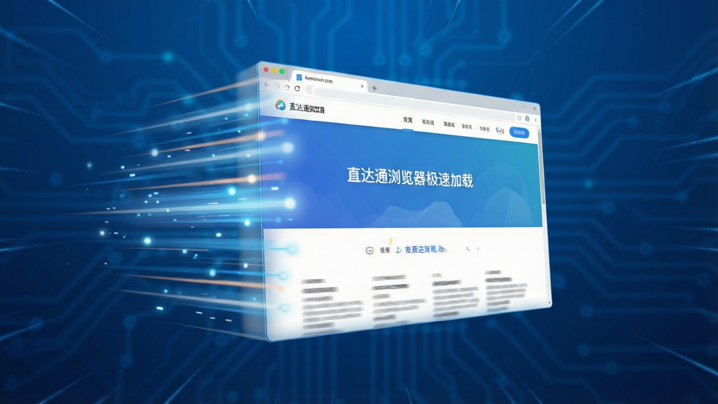 一张展示直达通浏览器极速加载网页的动态截图,画面中一个网页正在快速成型,周围有速度线特效,背景为科技蓝,风格现代,画质高清,干净无多余元素