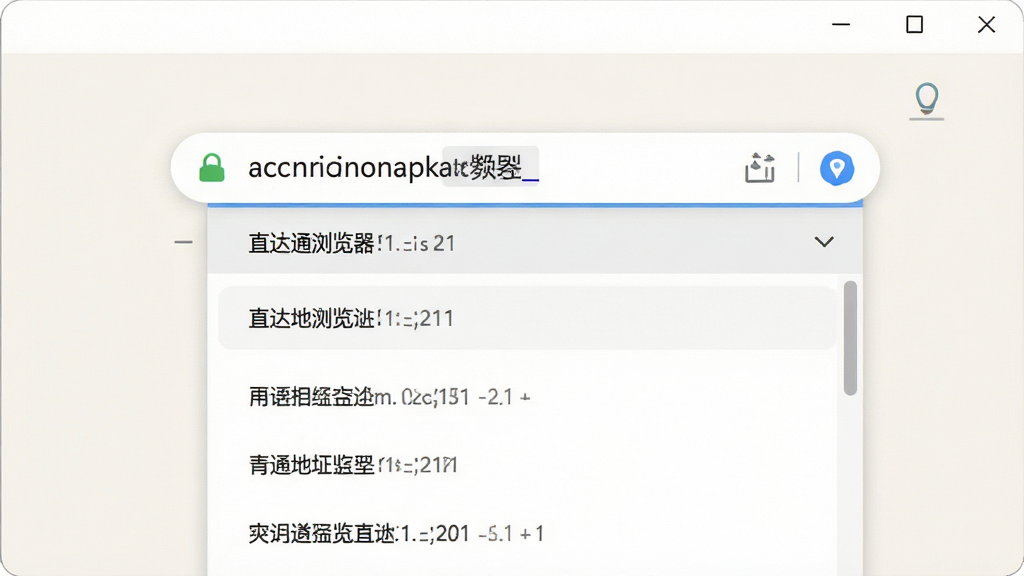 一张展示直达通浏览器智能地址栏功能的界面截图,地址栏中显示输入的关键词和下拉推荐列表,背景为浅色,界面简洁,突出地址栏,画质清晰,干净无多余元素