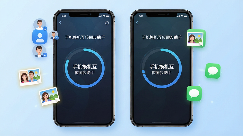 一张智能手机与另一部智能手机并排摆放的俯视图,屏幕显示数据迁移进度界面,界面中有“手机换机互传同步助手”字样与圆形进度环,周围漂浮着联系人、照片、短信等图标,背景为浅蓝色渐变,整体风格干净明亮,现代科技感,画质清晰,无多余元素
